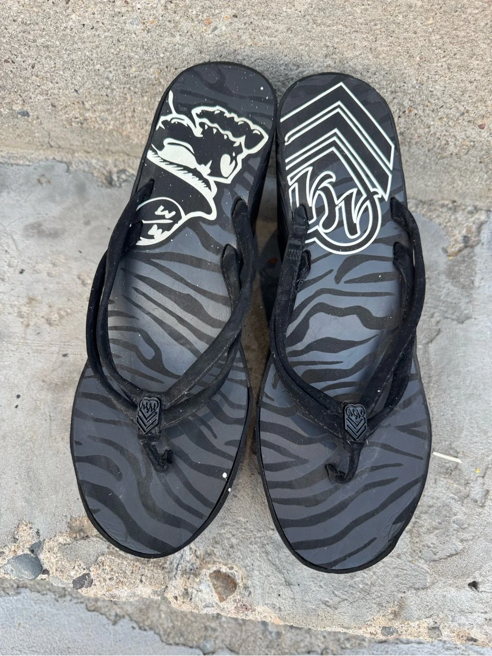 Black Platform Flip Flop Sandals with Zebra Print - metal mulisha